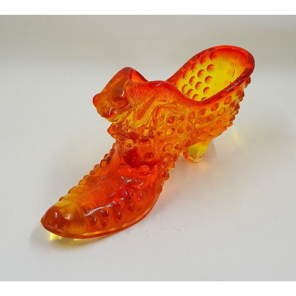 Fenton Hobnail Amberina Glass Cat Head Shoe Slipper Amber Orange